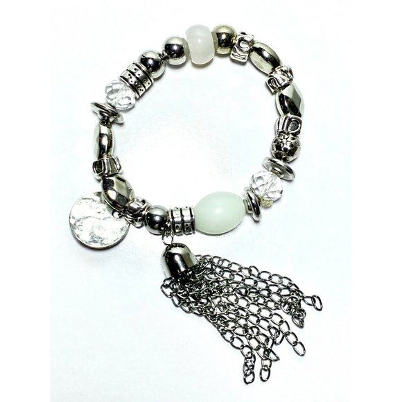 Silver Color Bracelet with Charms - Stretchable One Size Fits All Bracalet - Picture 4 of 5